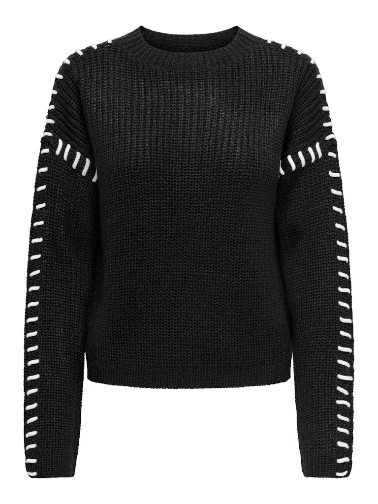 JDY Jdyrosella L/S Stitch Pullover Knt 15329787 Black W. White Stittch