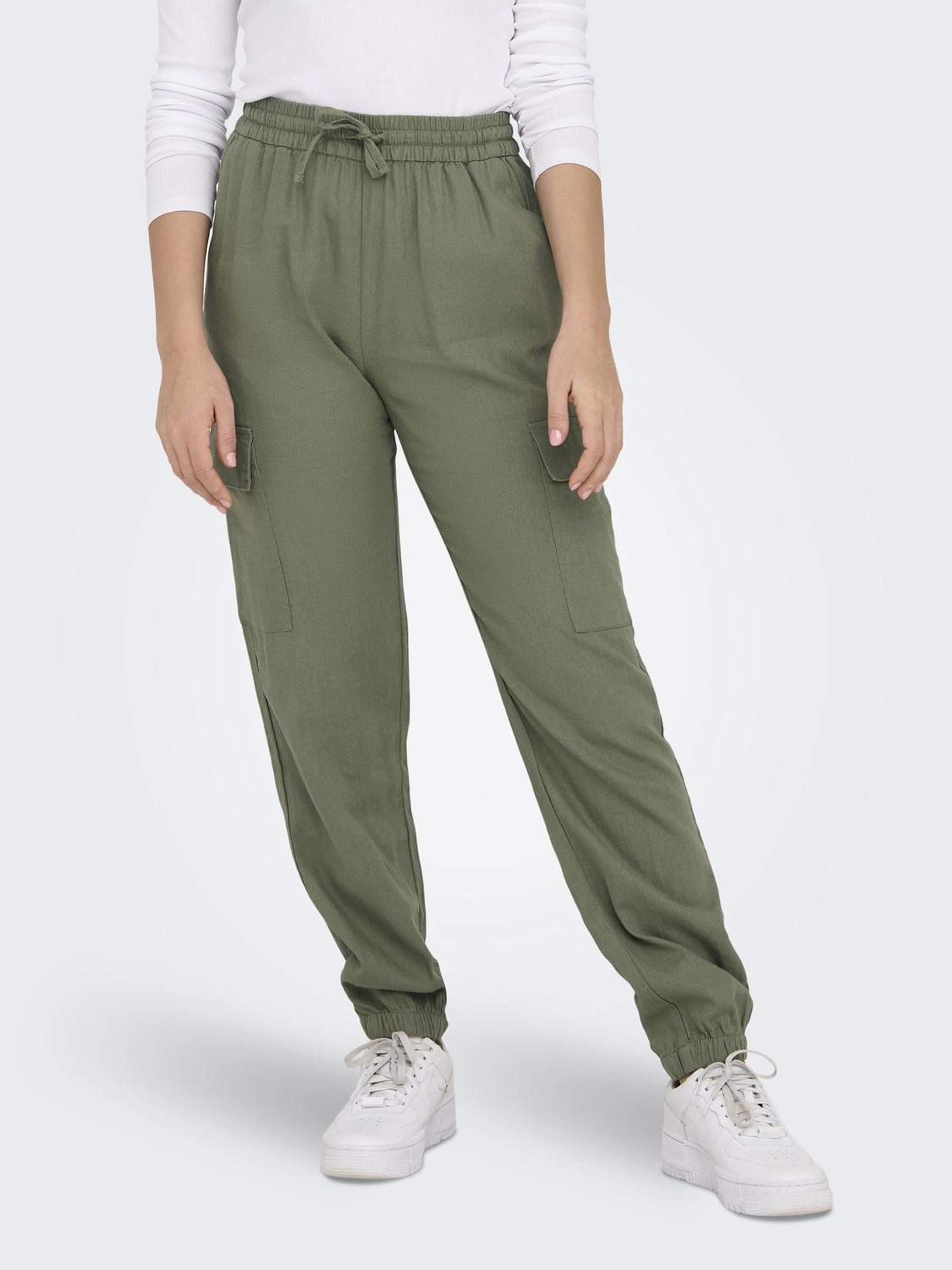 Trousers ONLY Onlcaro Mw Lin Pull-Up Cargo Pnt Noos 15310987 Oil Green